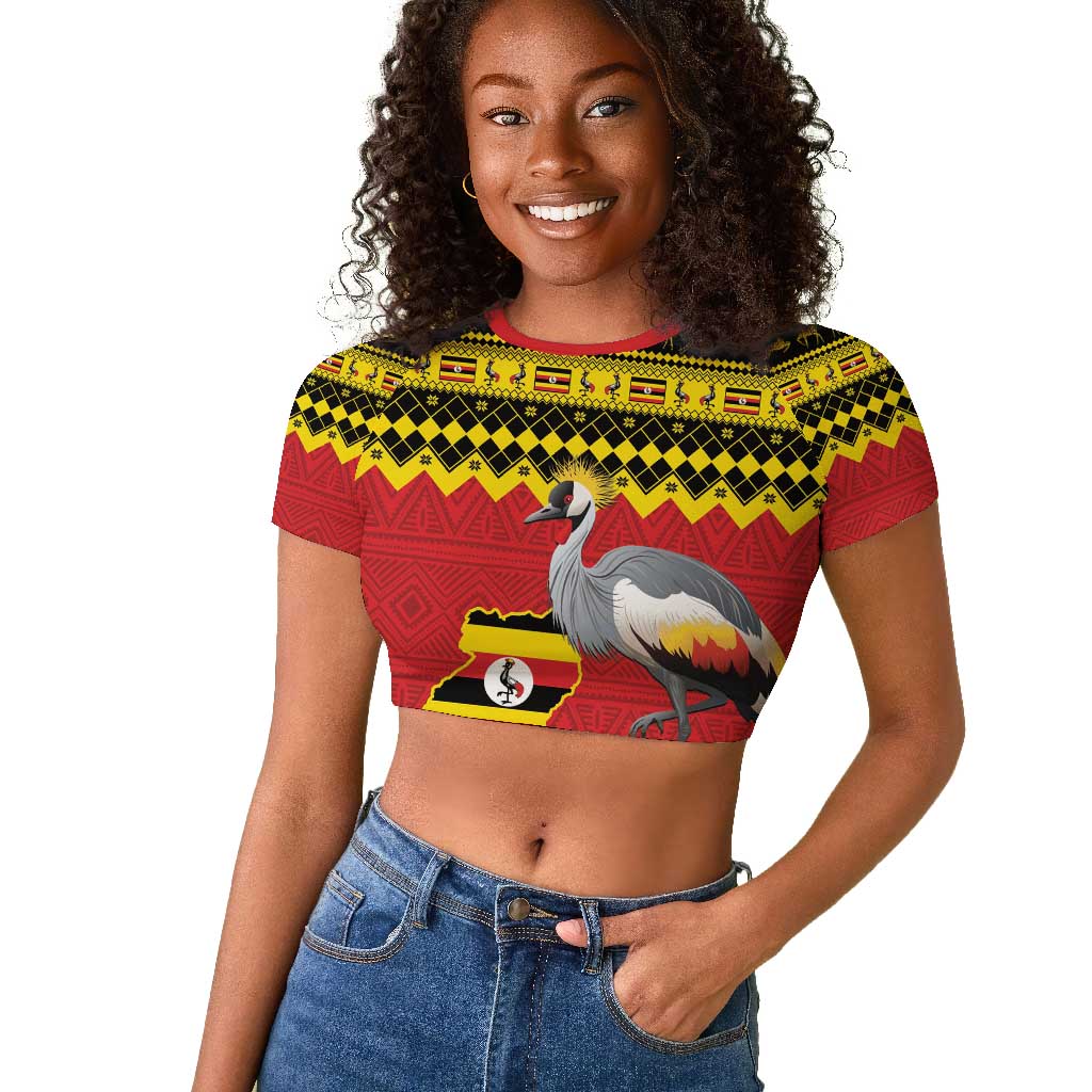 Afro Uganda Christmas Raglan Cropped T shirt Grey Crowned Crane Sekukkulu Ennugi