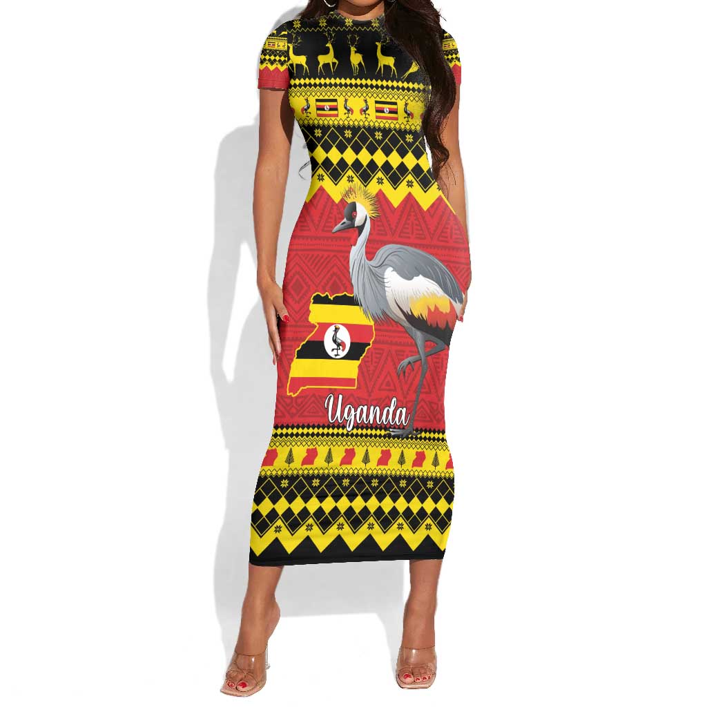 Afro Uganda Christmas Short Sleeve Bodycon Dress Grey Crowned Crane Sekukkulu Ennugi