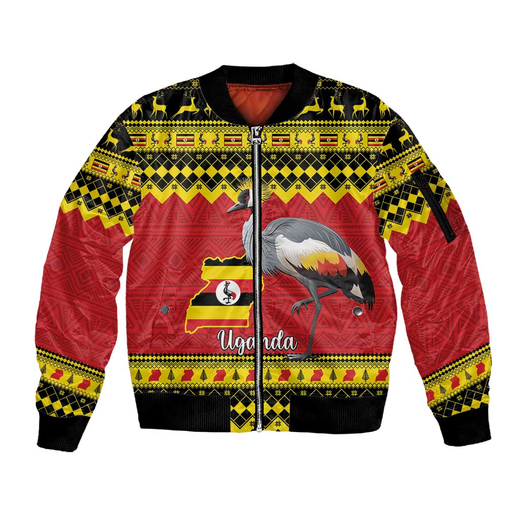 Afro Uganda Christmas Sleeve Zip Bomber Jacket Grey Crowned Crane Sekukkulu Ennugi