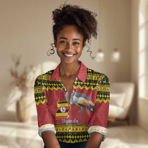 Afro Uganda Christmas Women Casual Shirt Grey Crowned Crane Sekukkulu Ennugi