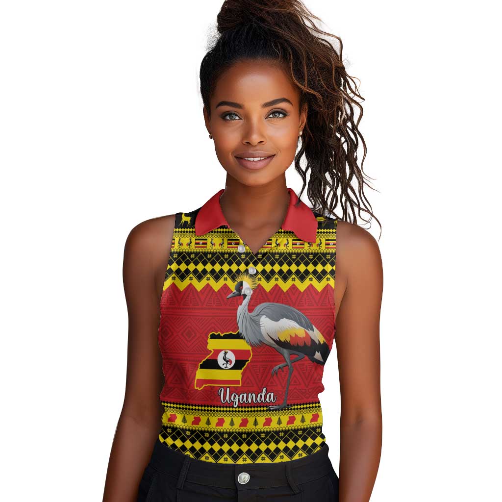 Afro Uganda Christmas Women Sleeveless Polo Shirt Grey Crowned Crane Sekukkulu Ennugi