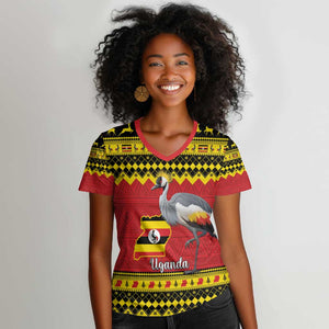 Afro Uganda Christmas Women V-Neck T-Shirt Grey Crowned Crane Sekukkulu Ennugi