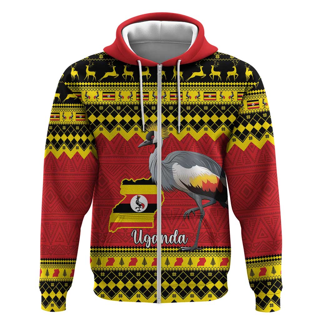 Afro Uganda Christmas Zip Hoodie Grey Crowned Crane Sekukkulu Ennugi