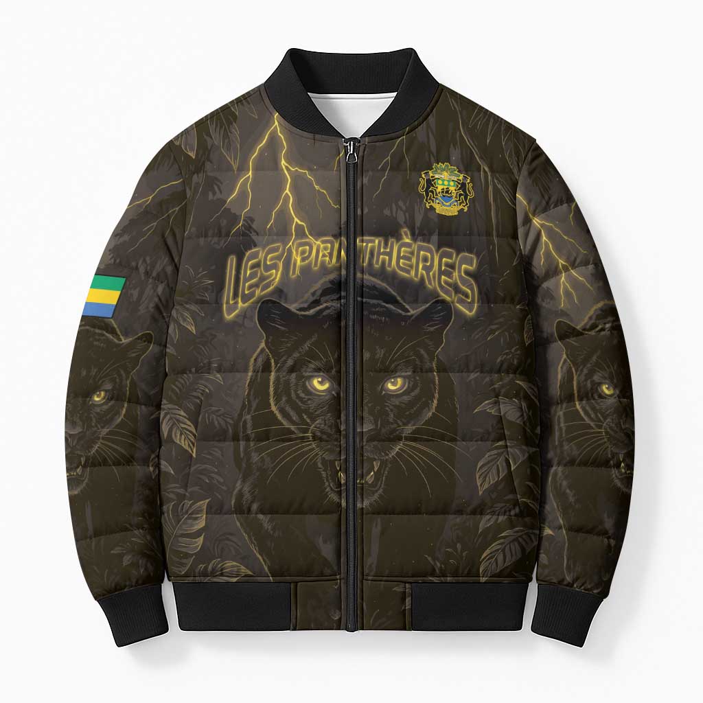 Custom Gabon Football Bomber Puffer Jacket Black Panther Thunder - African Pride