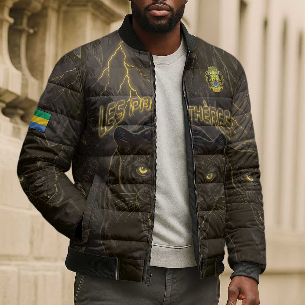 Custom Gabon Football Bomber Puffer Jacket Black Panther Thunder - African Pride