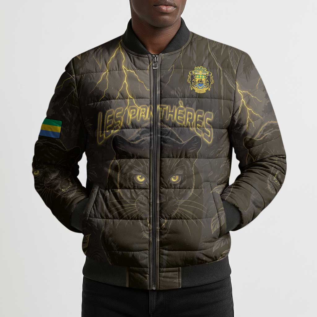 Custom Gabon Football Bomber Puffer Jacket Black Panther Thunder - African Pride