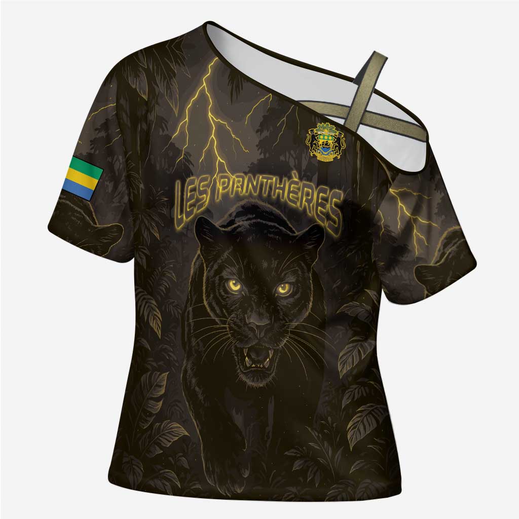 Custom Gabon Football Cross Shoulder Shirt Black Panther Thunder - African Pride