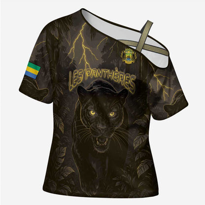 Custom Gabon Football Cross Shoulder Shirt Black Panther Thunder - African Pride