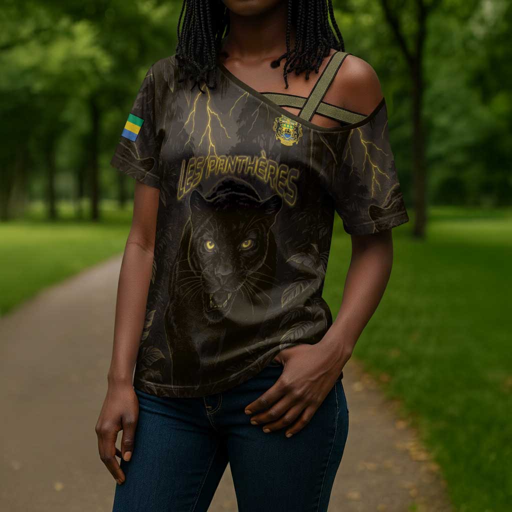 Custom Gabon Football Cross Shoulder Shirt Black Panther Thunder - African Pride
