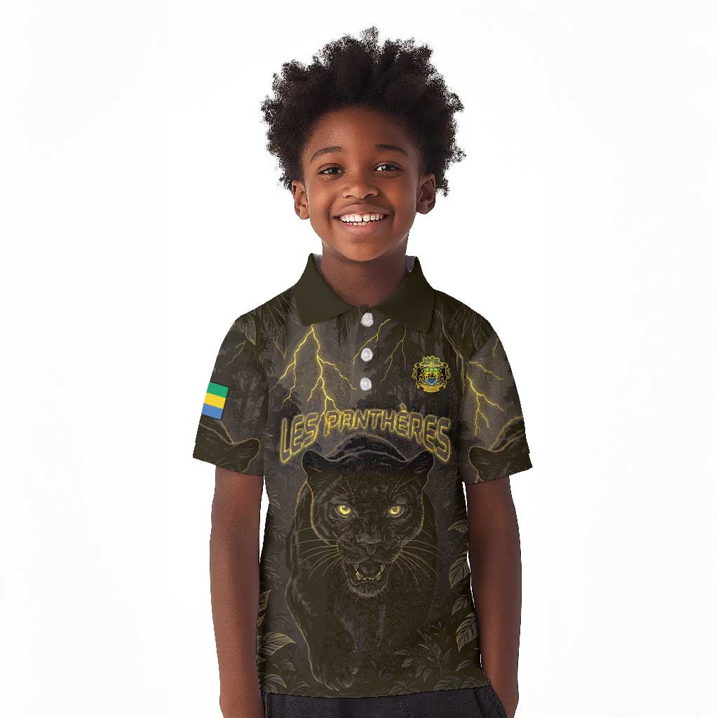 Custom Gabon Football Kid Polo Shirt Black Panther Thunder - African Pride