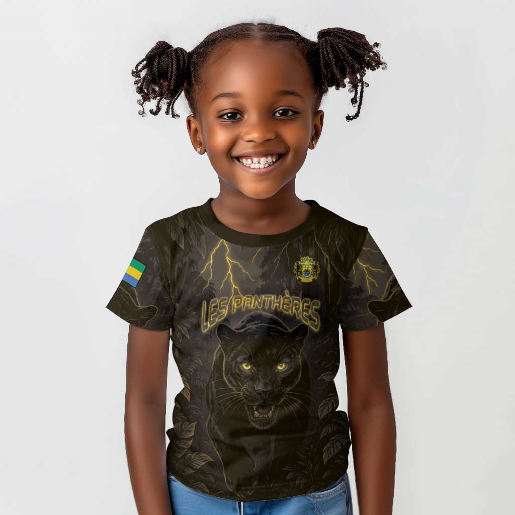 Custom Gabon Football Kid T shirt Black Panther Thunder - African Pride