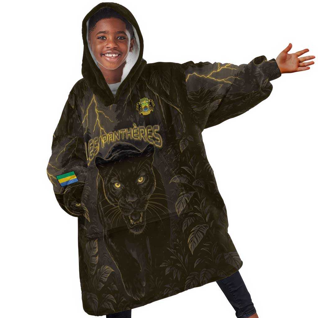 Custom Gabon Football Kid Wearable Blanket Hoodie Black Panther Thunder - African Pride