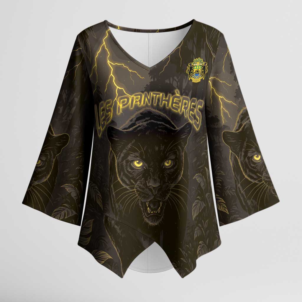 Custom Gabon Football Kimono Sleeve Blouse Black Panther Thunder - African Pride