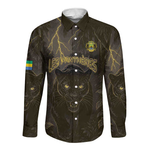 Custom Gabon Football Long Sleeve Button Shirt Black Panther Thunder - African Pride