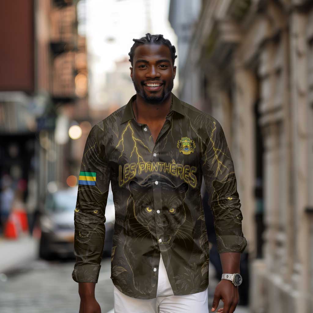 Custom Gabon Football Long Sleeve Button Shirt Black Panther Thunder - African Pride