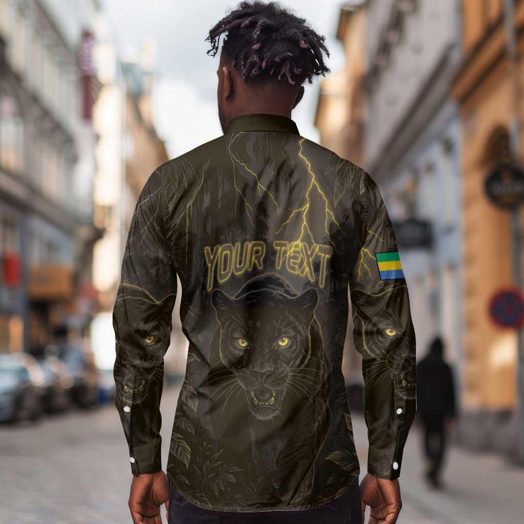 Custom Gabon Football Long Sleeve Button Shirt Black Panther Thunder - African Pride