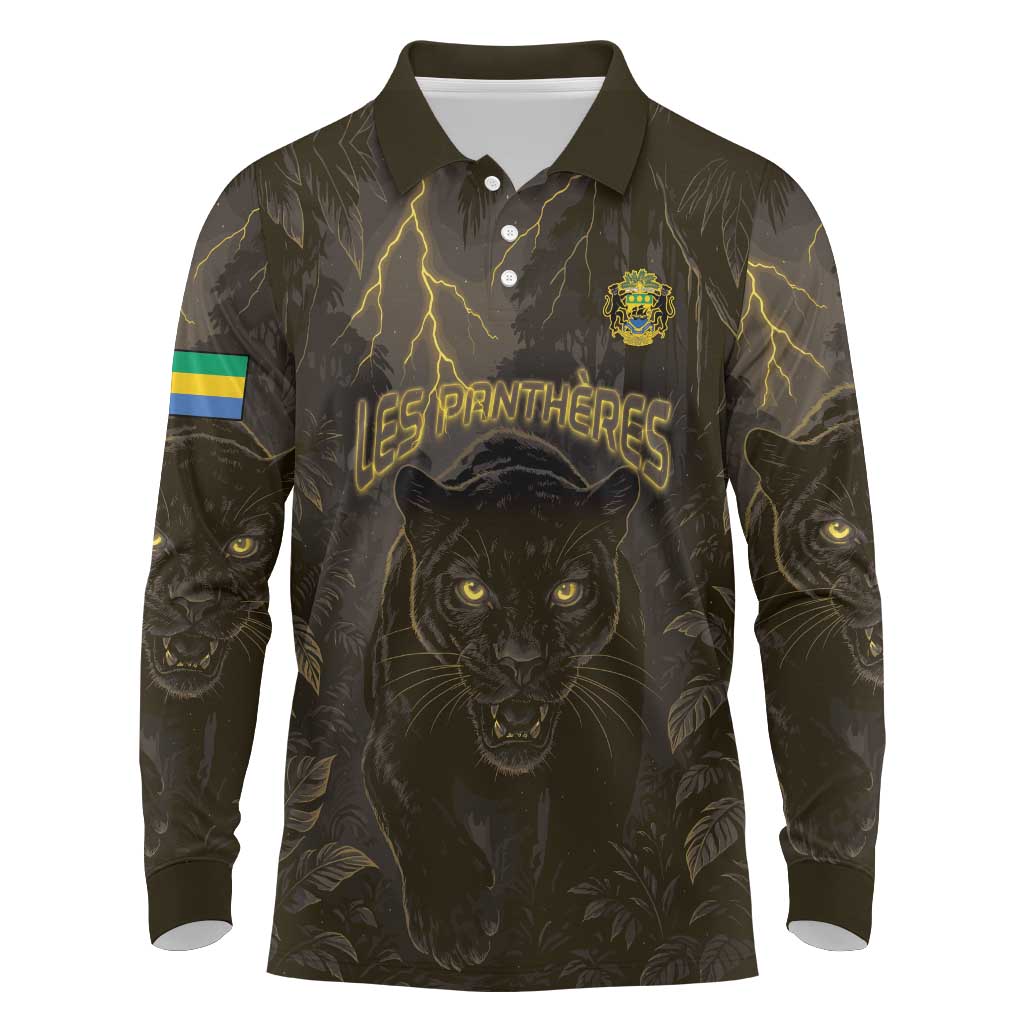 Custom Gabon Football Long Sleeve Polo Shirt Black Panther Thunder - African Pride