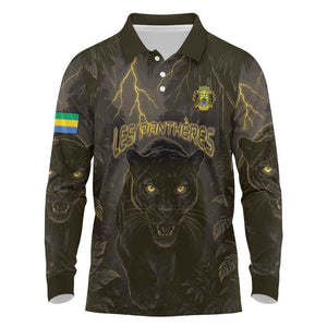 Custom Gabon Football Long Sleeve Polo Shirt Black Panther Thunder - African Pride