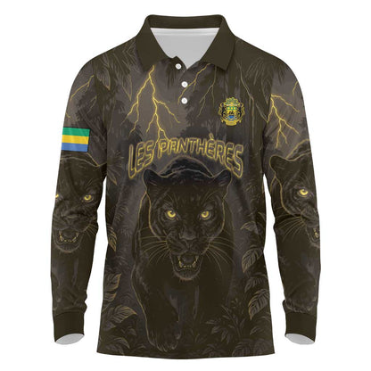 Custom Gabon Football Long Sleeve Polo Shirt Black Panther Thunder - African Pride
