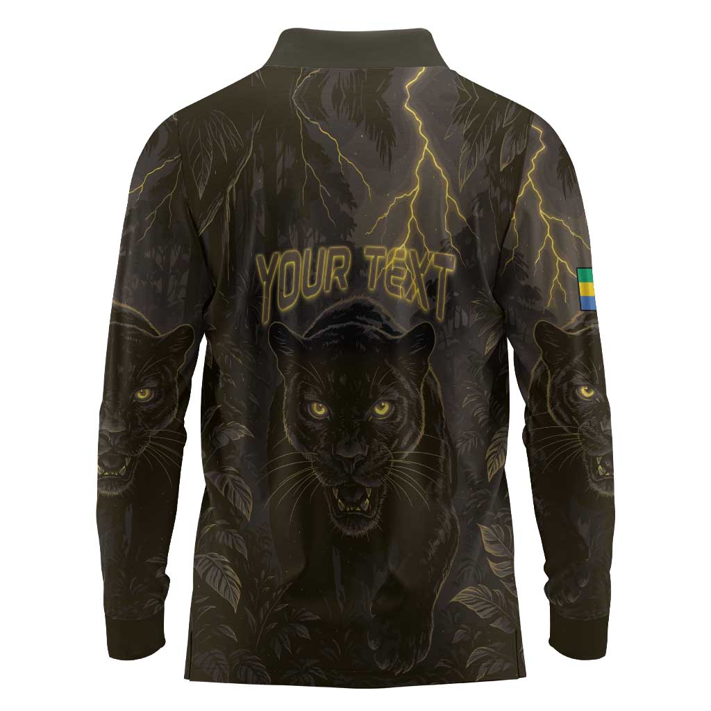 Custom Gabon Football Long Sleeve Polo Shirt Black Panther Thunder - African Pride