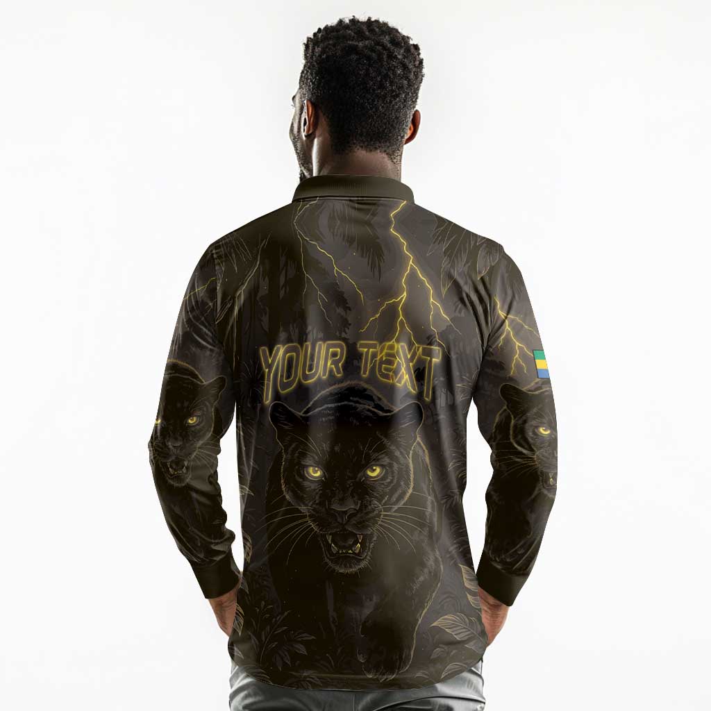 Custom Gabon Football Long Sleeve Polo Shirt Black Panther Thunder - African Pride
