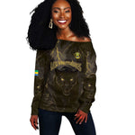 Custom Gabon Football Off Shoulder Sweater Black Panther Thunder - African Pride