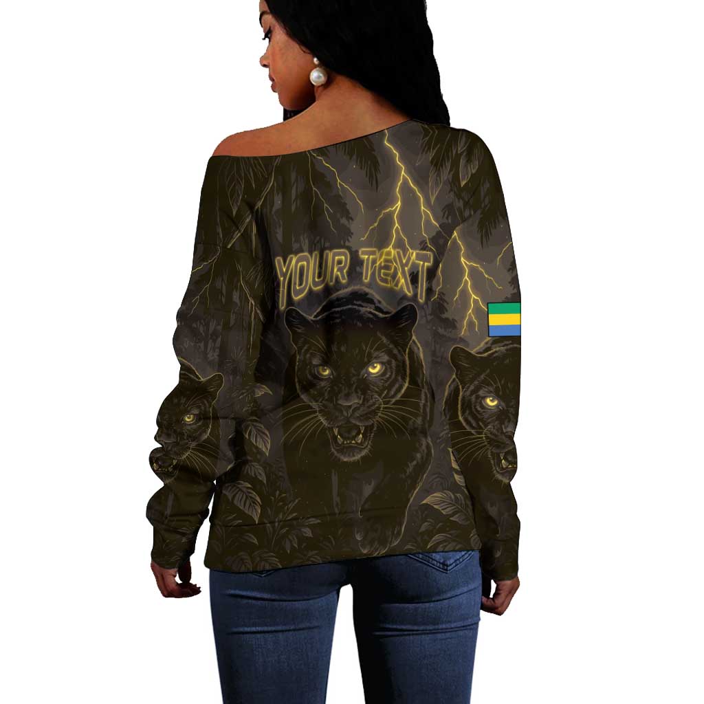 Custom Gabon Football Off Shoulder Sweater Black Panther Thunder - African Pride