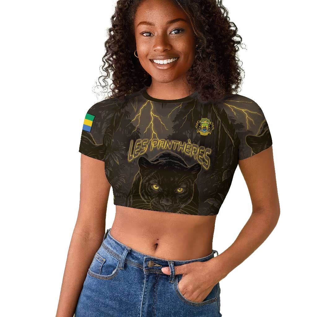 Custom Gabon Football Raglan Cropped T shirt Black Panther Thunder - African Pride