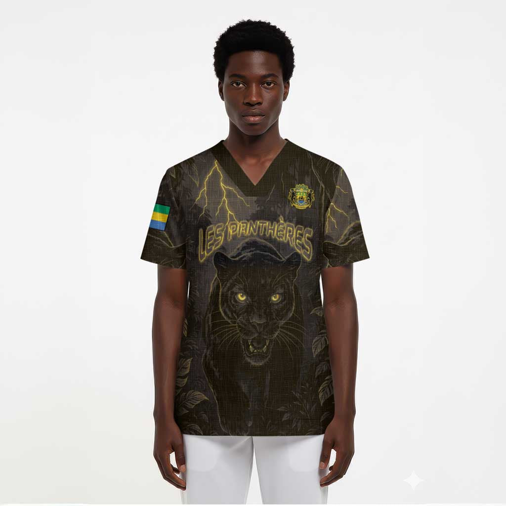 Custom Gabon Football Scrub Top Black Panther Thunder - African Pride