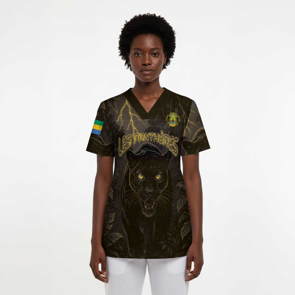 Custom Gabon Football Scrub Top Black Panther Thunder - African Pride