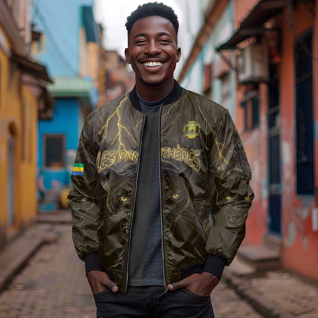 Custom Gabon Football Sleeve Zip Bomber Jacket Black Panther Thunder - African Pride