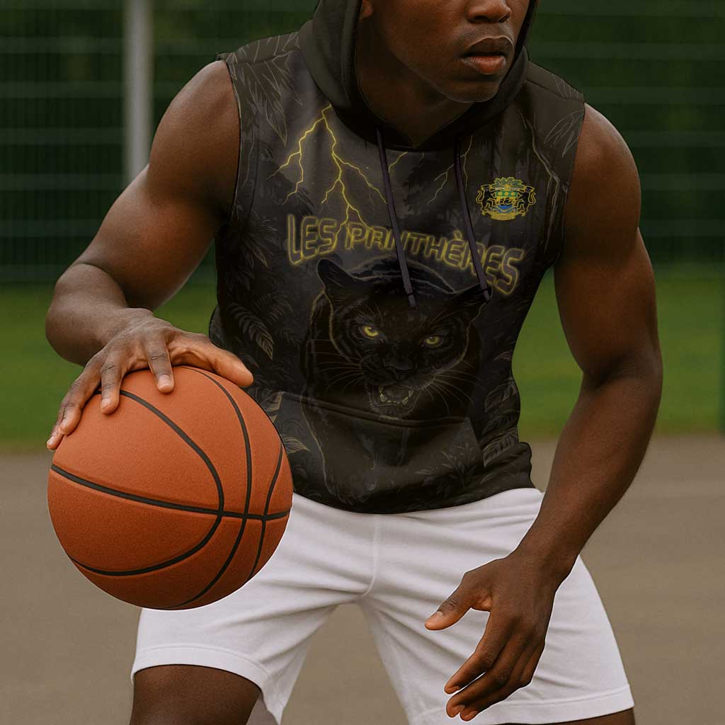 Custom Gabon Football Sleeveless Hoodie Black Panther Thunder - African Pride