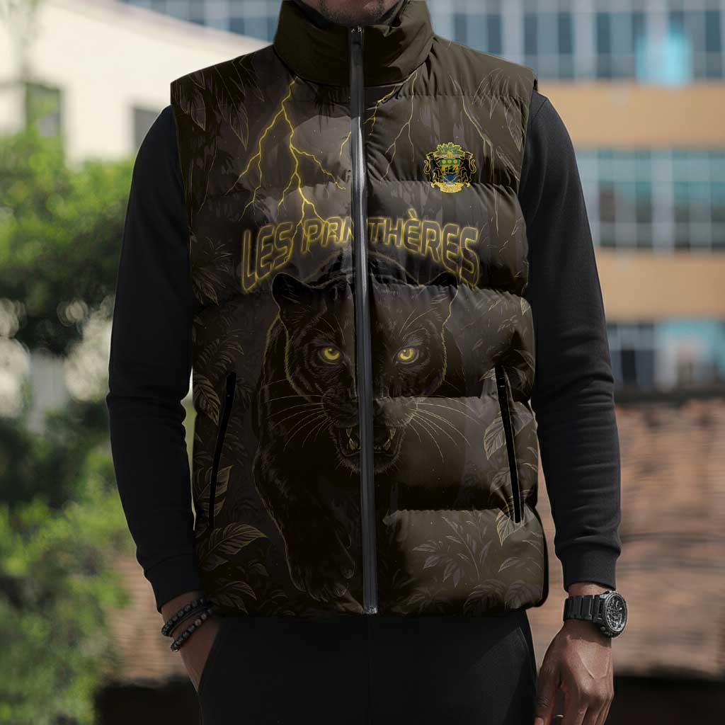 Custom Gabon Football Sleeveless Puffer Jacket Black Panther Thunder - African Pride