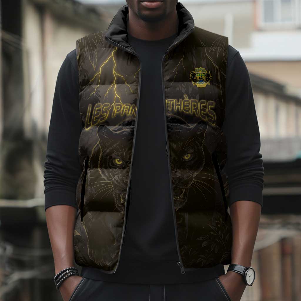 Custom Gabon Football Sleeveless Puffer Jacket Black Panther Thunder - African Pride