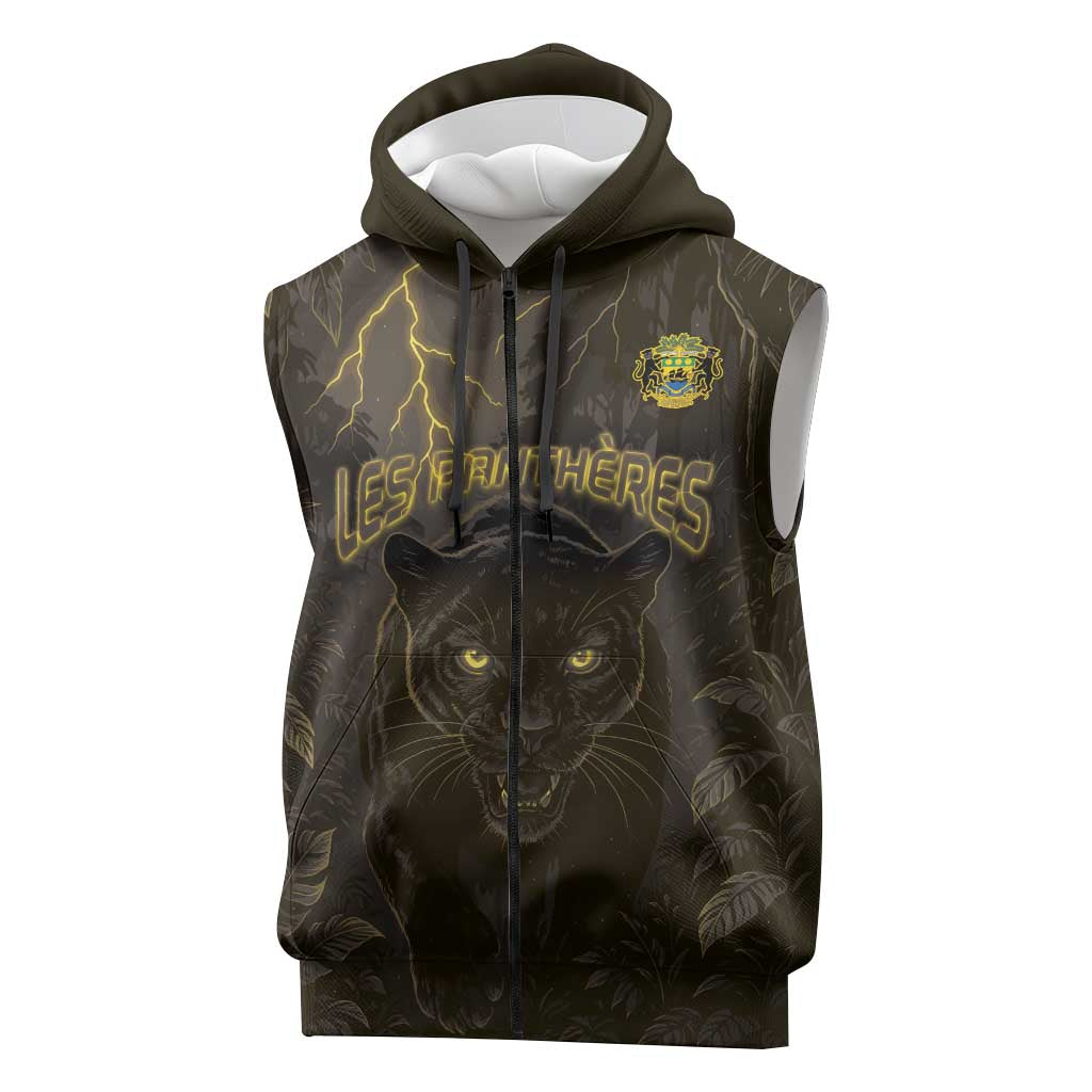 Custom Gabon Football Sleeveless Zip Hoodie Black Panther Thunder - African Pride