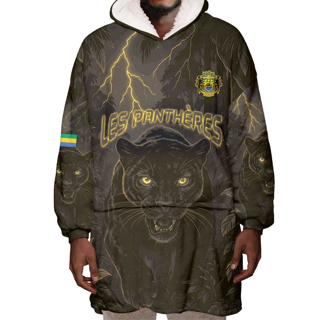 Custom Gabon Football Wearable Blanket Hoodie Black Panther Thunder - African Pride