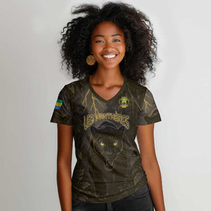 Custom Gabon Football Women V-Neck T-Shirt Black Panther Thunder - African Pride