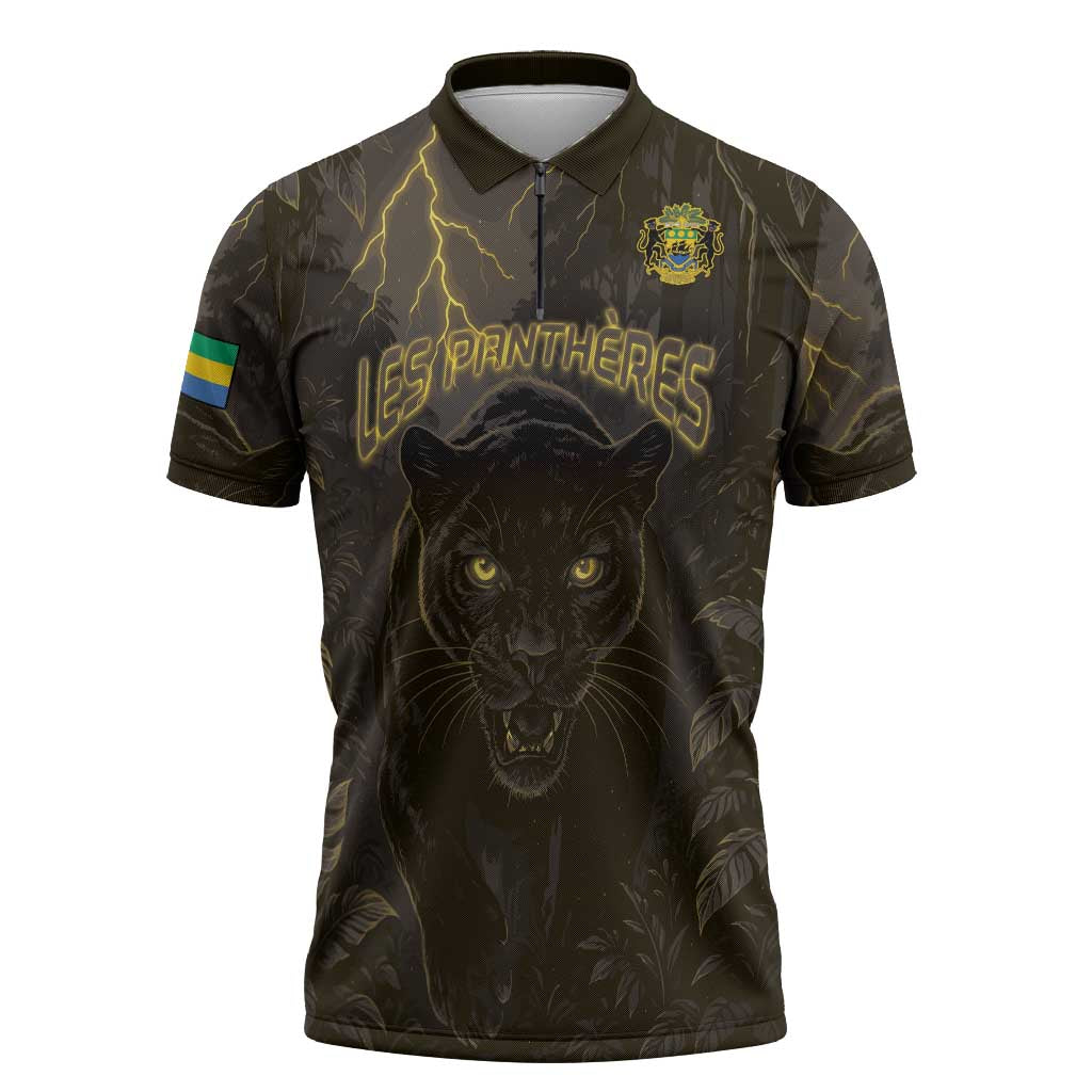 Custom Gabon Football Zipper Polo Shirt Black Panther Thunder - African Pride