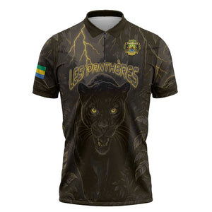 Custom Gabon Football Zipper Polo Shirt Black Panther Thunder - African Pride
