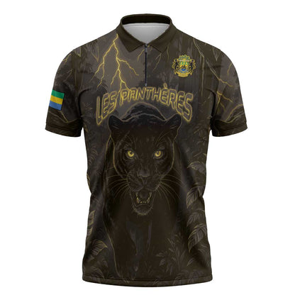 Custom Gabon Football Zipper Polo Shirt Black Panther Thunder - African Pride