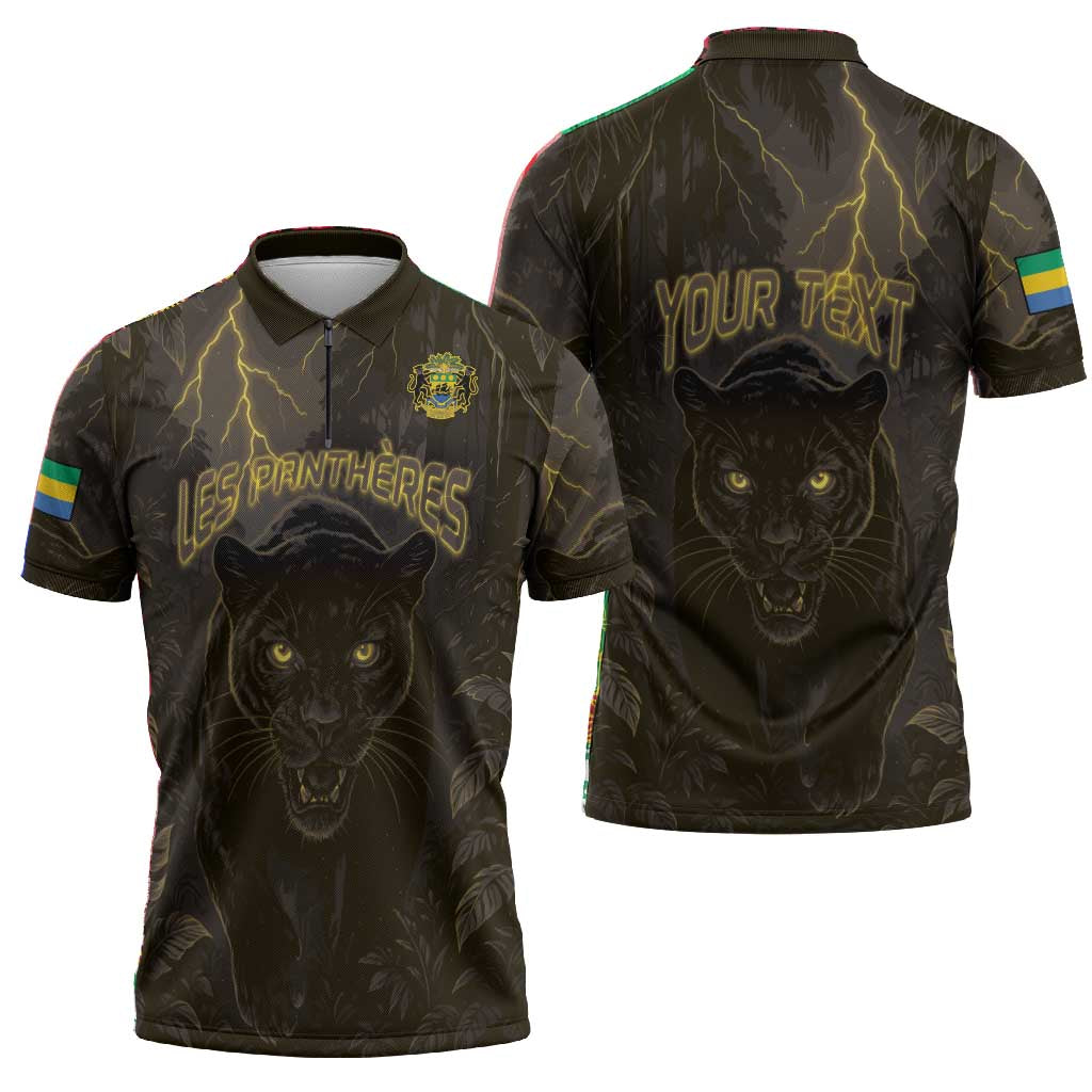 Custom Gabon Football Zipper Polo Shirt Black Panther Thunder - African Pride