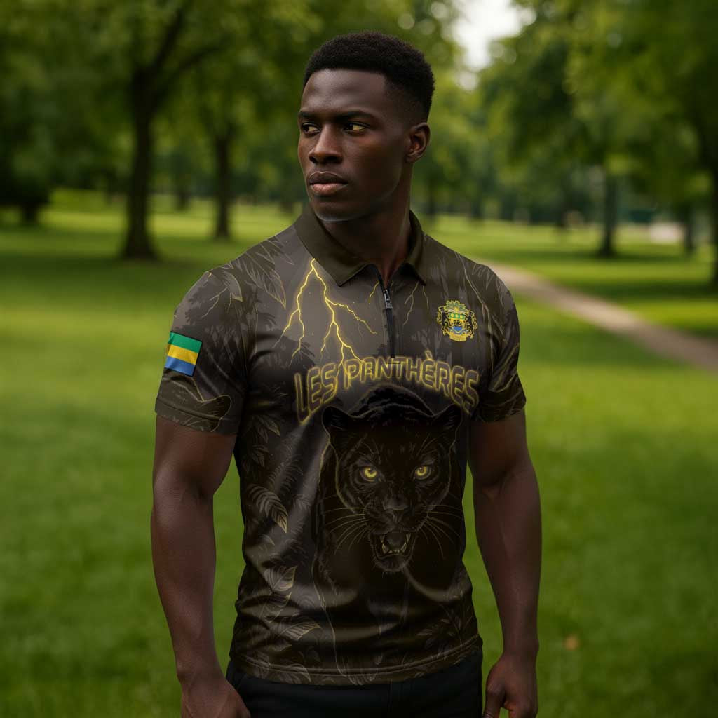 Custom Gabon Football Zipper Polo Shirt Black Panther Thunder - African Pride