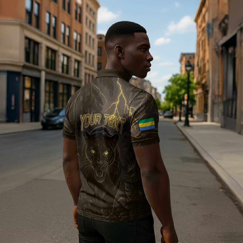 Custom Gabon Football Zipper Polo Shirt Black Panther Thunder - African Pride