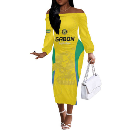 Custom Gabon Football Off The Shoulder Long Sleeve Dress Go Champions Les Pantheres - African Pride