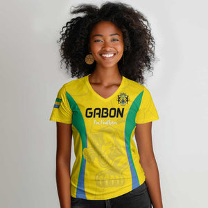 Custom Gabon Football Women V-Neck T-Shirt Go Champions Les Pantheres - African Pride