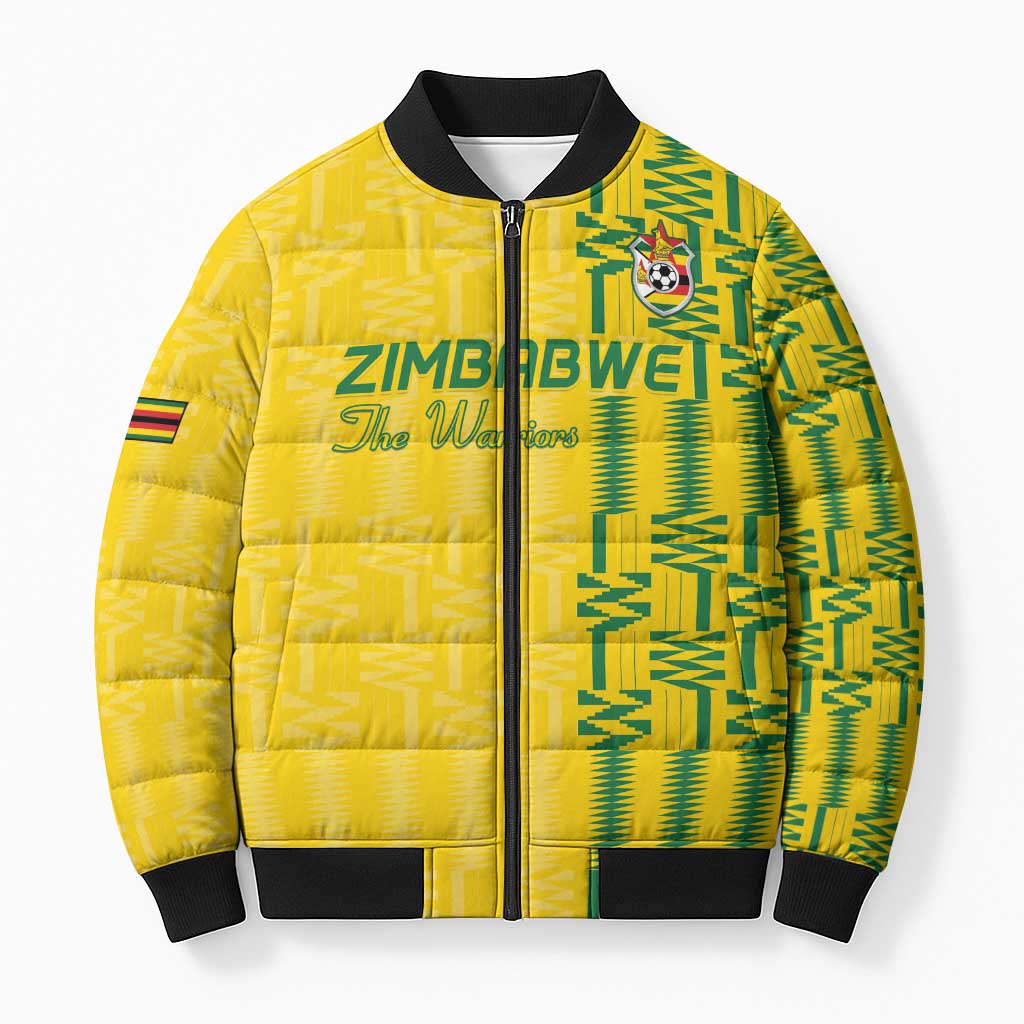 Custom Zimbabwe Football Bomber Puffer Jacket Come On Warriors - Kente Pattern - African Pride