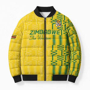 Custom Zimbabwe Football Bomber Puffer Jacket Come On Warriors - Kente Pattern - African Pride