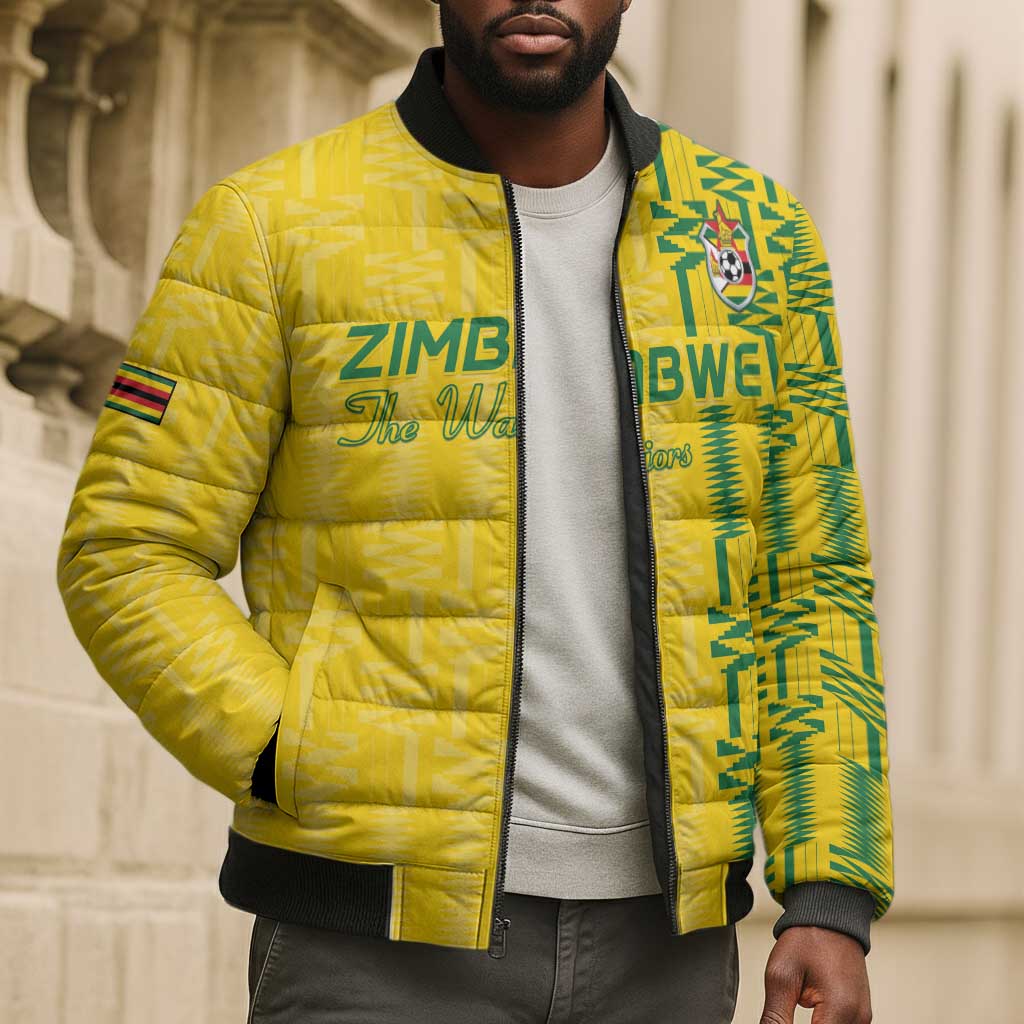 Custom Zimbabwe Football Bomber Puffer Jacket Come On Warriors - Kente Pattern - African Pride