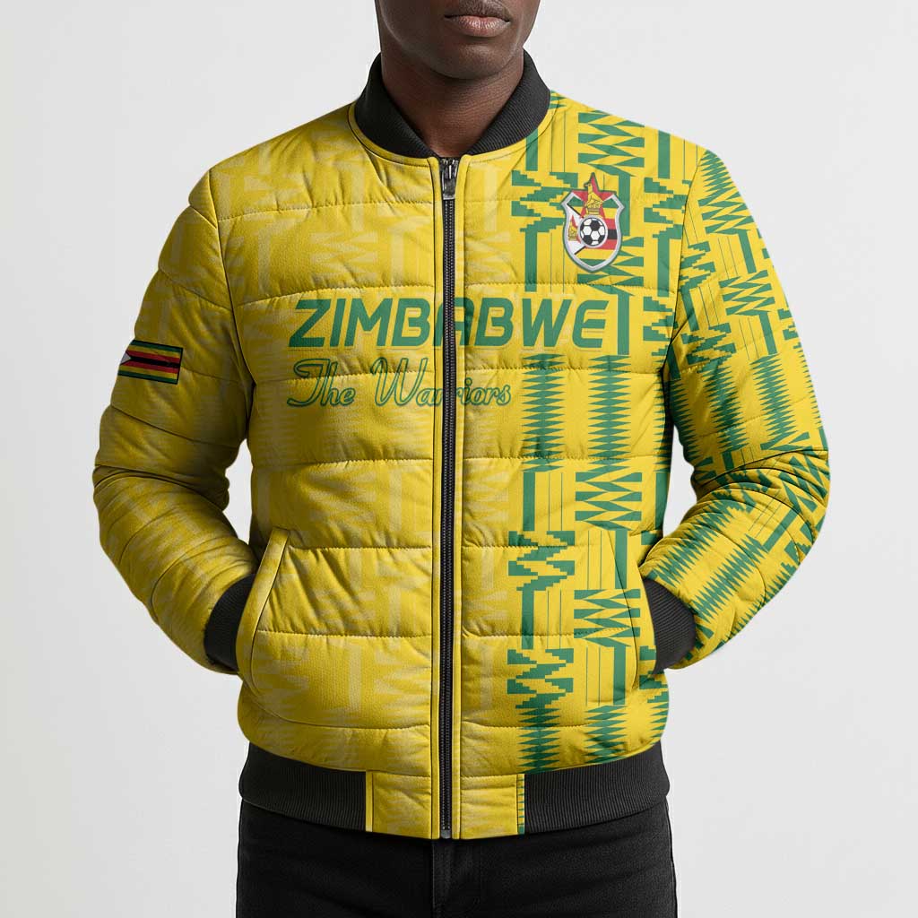 Custom Zimbabwe Football Bomber Puffer Jacket Come On Warriors - Kente Pattern - African Pride