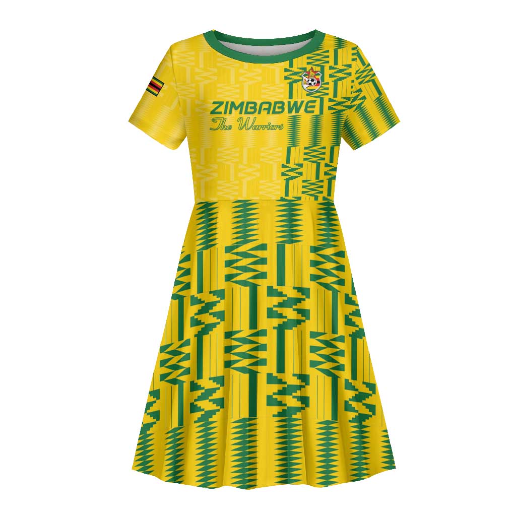 Custom Zimbabwe Football Kid Short Sleeve Dress Come On Warriors - Kente Pattern - African Pride
